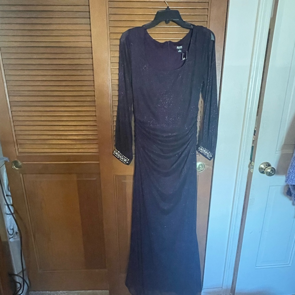 SLNY Deep Plum Long Sleeve Dress with Silver Accents